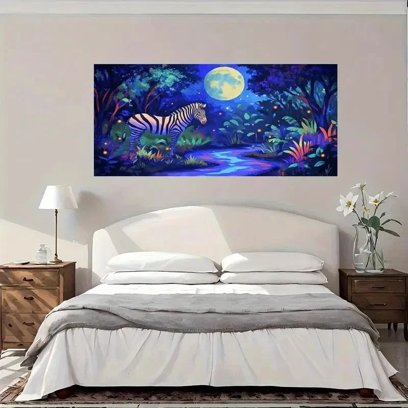 Moonlit Zebra Night Wall Art Canvas Office Home Room Framed 80x45cm
