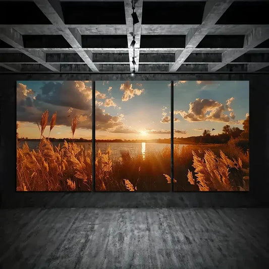 3pcs Sunset Lake Golden Reeds and Clouds Metal Print Ready to Hang Art