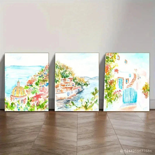 3pcs Watercolor Style Seaside Landscape Art Metal Print Ready to Hang Art