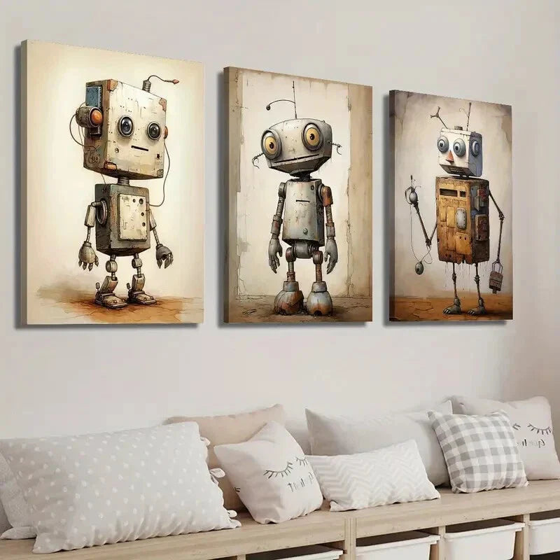 3pcs Vintage Robot Drawing Wall Art Set Canvas Framed 40x60cm - High Quality Print 100% Australian Made Wall Canvas Ready to Hang