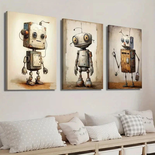 3pcs Vintage Robot Drawing Wall Art Set Canvas Framed 40x60cm - High Quality Print 100% Australian Made Wall Canvas Ready to Hang