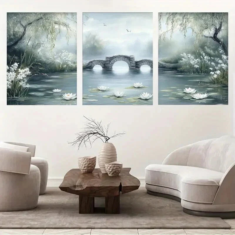 3pcs Bridge & Lily Pads - Tranquil River Scene Metal Print Ready to Hang Art