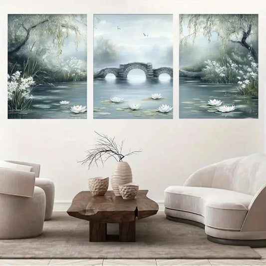 3pcs Bridge & Lily Pads - Tranquil River Scene Metal Print Ready to Hang Art