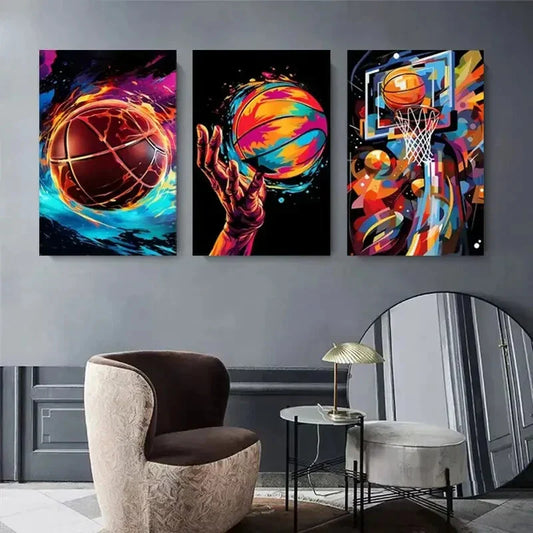 3pcs Abstract Basketball Water Splash Design Metal Print Ready to Hang Art