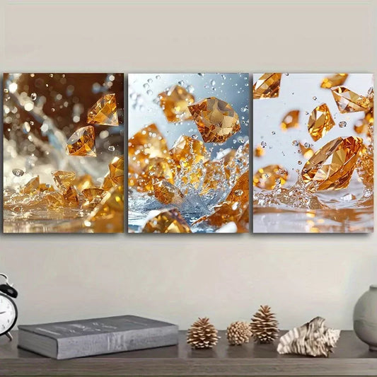 3pcs  Yellow Diamonds Crystals    Wall Art Set Canvas Framed 40x60cm - High Quality Print 100% Australian Made Wall Canvas Ready to Hang