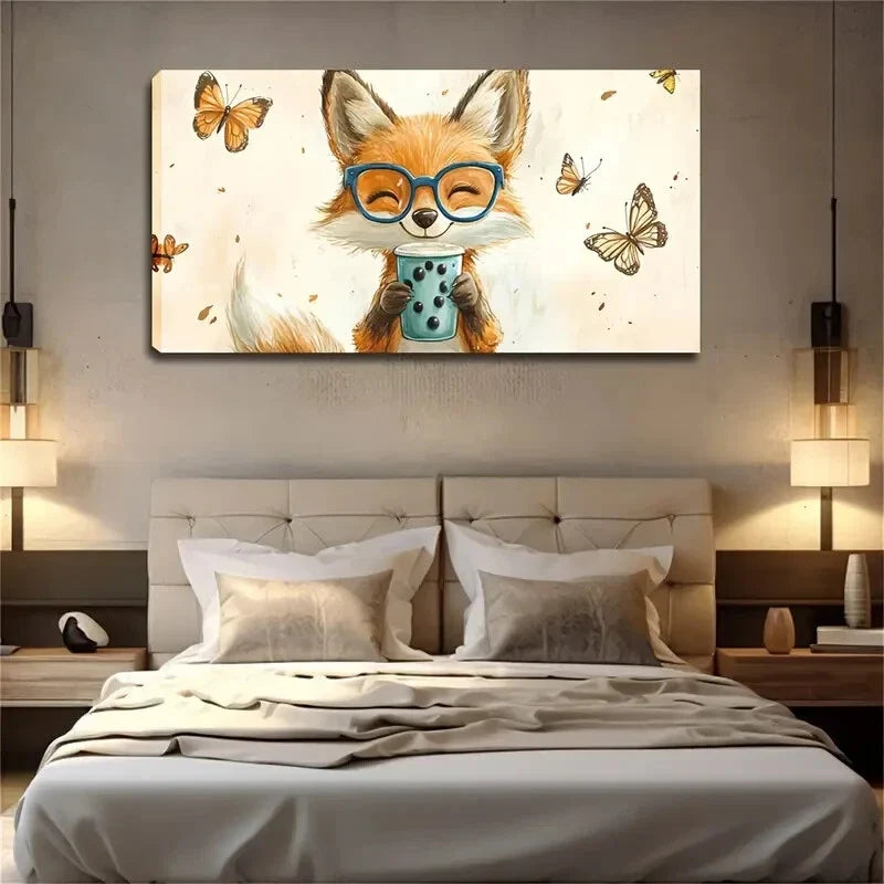 Whimsical Smiling Fox Glasses Wall Art Canvas Office Home Room Framed 120x60cm