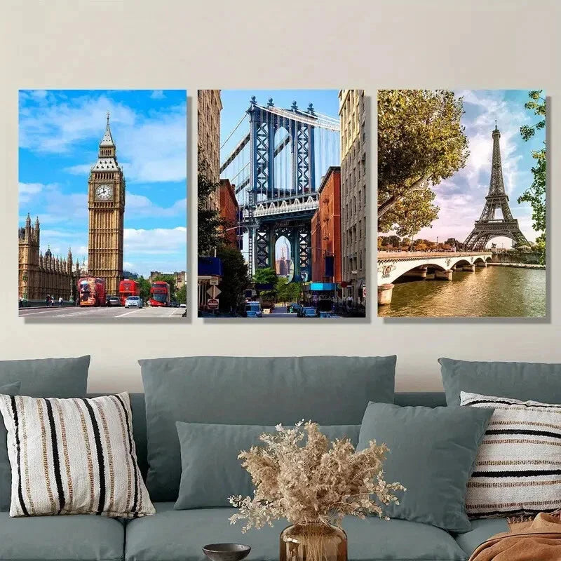 3pcs The UK, Manhattan Bridge Metal Print Ready to Hang Art