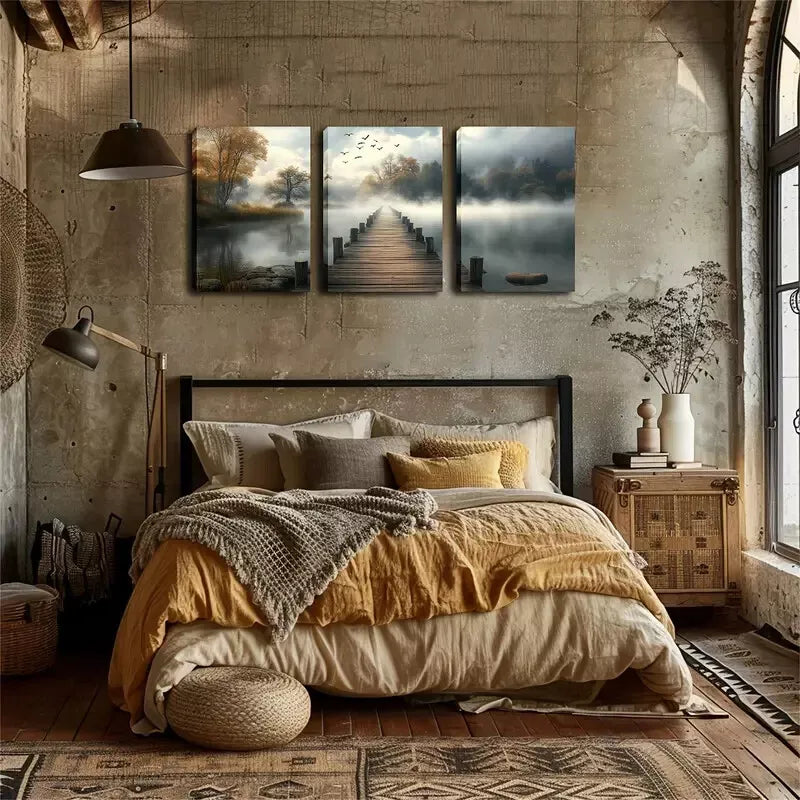 3pcs  Serene Lake & Wooden Bridge Triptych Wall Art Set Canvas Framed 40x60cm - High Quality Print 100% Australian Made Wall Canvas Ready to Hang
