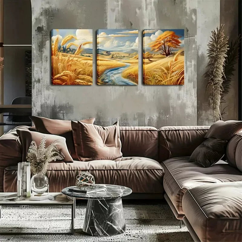 3pcs  Vibrant Countryside Stream & Golden Wheat Wall Art Set Canvas Framed 40x60cm - High Quality Print 100% Australian Made Wall Canvas Ready to Hang