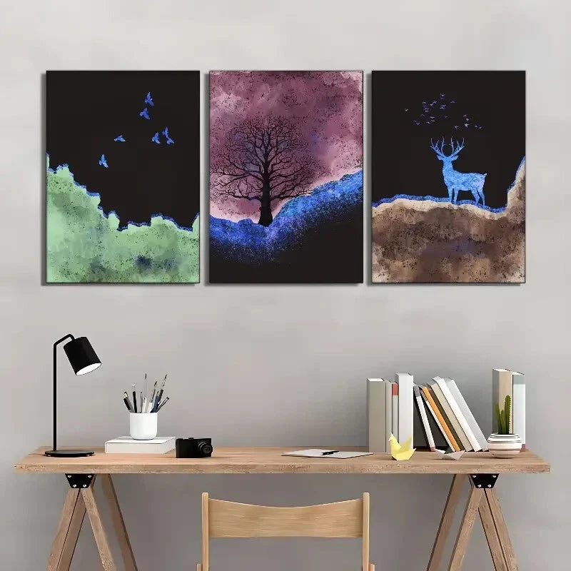3pcs Sika deer, landscape art Metal Print Ready to Hang Art