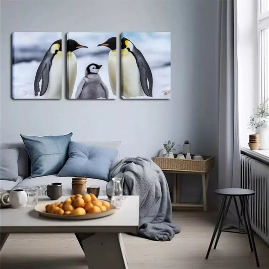 3pcs One Penguin Family  Wall Art Set Canvas Framed 40x60cm - High Quality Print 100% Australian Made Wall Canvas Ready to Hang