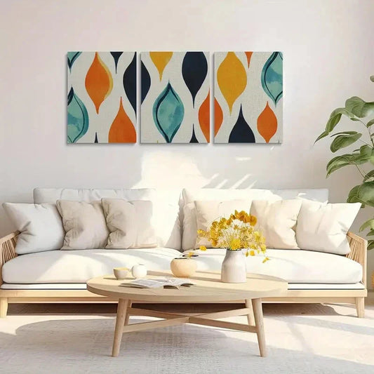 3pcs Large Teal, Orange & Black Geometric Metal Print Ready to Hang Art