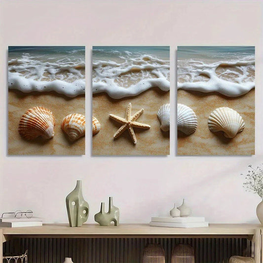3pcs Green Ocean Beach Seashell and Starfish Metal Print Ready to Hang Art