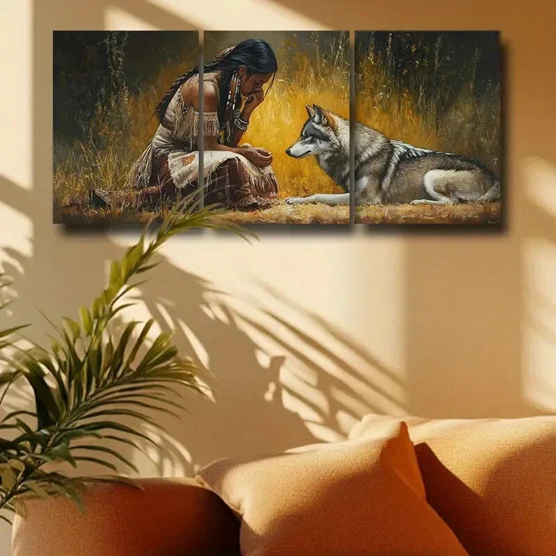 3pcs Wolf and Woman Design Metal Print Ready to Hang Art