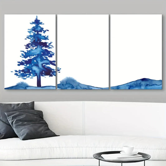 3pcs Decorative Painting Blue Tree Modern Metal Print Ready to Hang Art