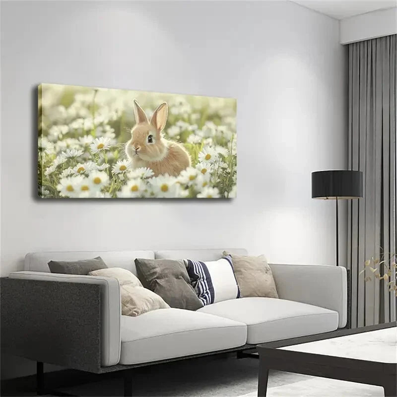 Charming Bunny & Daisy Field Wall Art Canvas Office Home Room Framed 120x60cm
