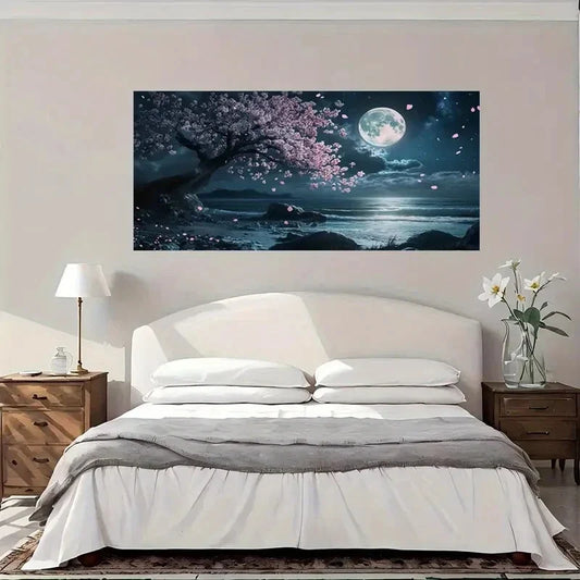 Cherry Blossom Moonlit Beach Wall Art Canvas Office Home Room Framed 80x45cm