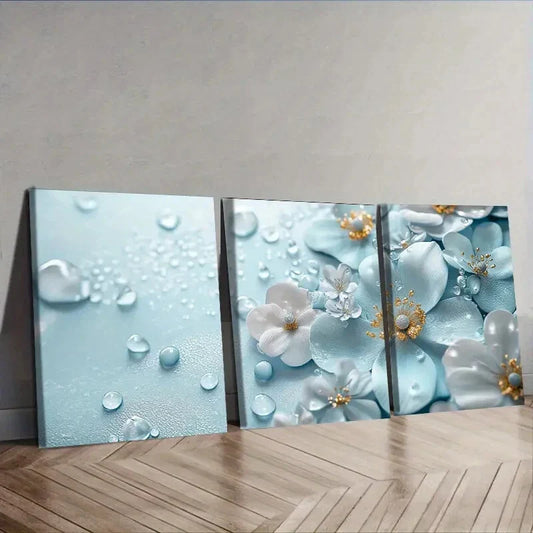 3pcs  Featuring Turquoise Glass Flowers  Wall Art Set Canvas Framed 40x60cm - High Quality Print 100% Australian Made Wall Canvas Ready to Hang