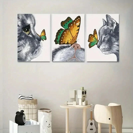 3pcs Abstract Cat & Butterfly Paintings Metal Print Ready to Hang Art