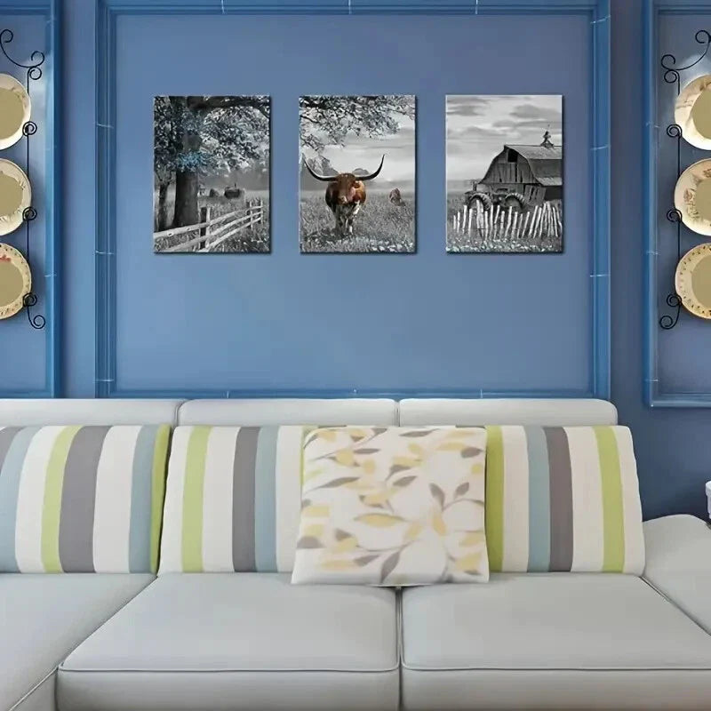 3pcs Rustic Blue Tree Brown Cow   Metal Print Ready to Hang Art