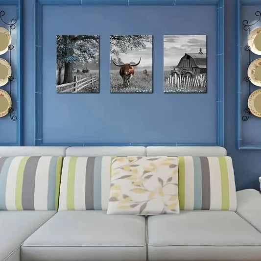 3pcs Rustic Blue Tree Brown Cow   Metal Print Ready to Hang Art