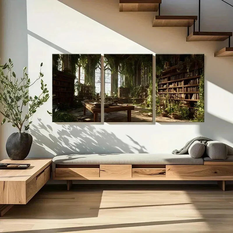 3pcs Enchanted Gothic Architecture Bookshelves Metal Print Ready to Hang Art