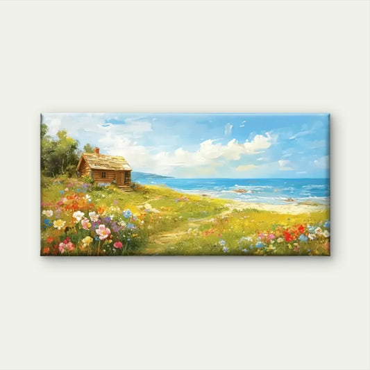 Beach House Flowers Field Wall Art Canvas Office Home Room Framed 80x45cm