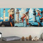 3pcs Vintage Car & Lighthouse Scene with Woman Metal Print Ready to Hang Art