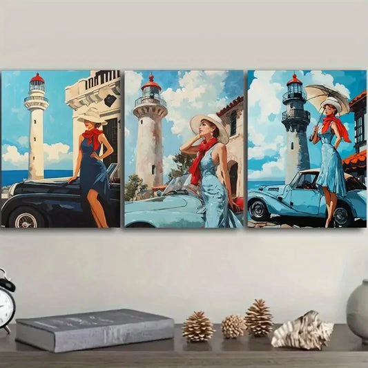 3pcs Vintage Car & Lighthouse Scene with Woman Metal Print Ready to Hang Art