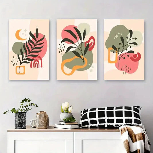 3pcs Vibrant Colorful Shapes, Leaves & Organic Metal Print Ready to Hang Art