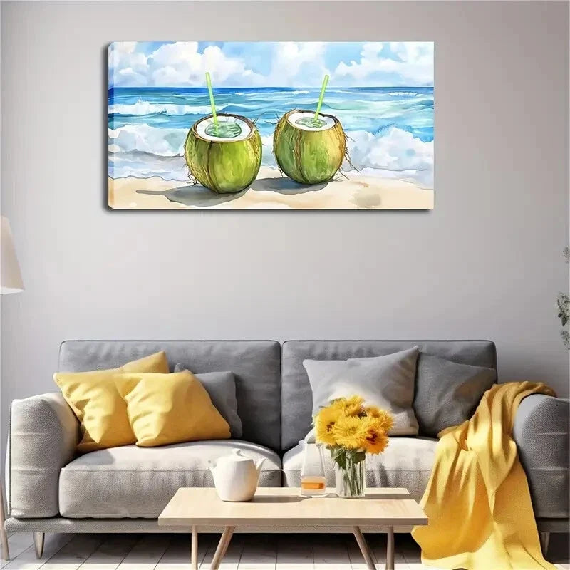 Two Cut Green Coconut Straw Wall Art Canvas Office Home Room Framed 120x60cm