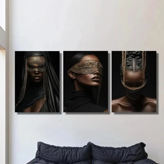 3pcs Woman in Mask with Golden Chains Metal Print Ready to Hang Art