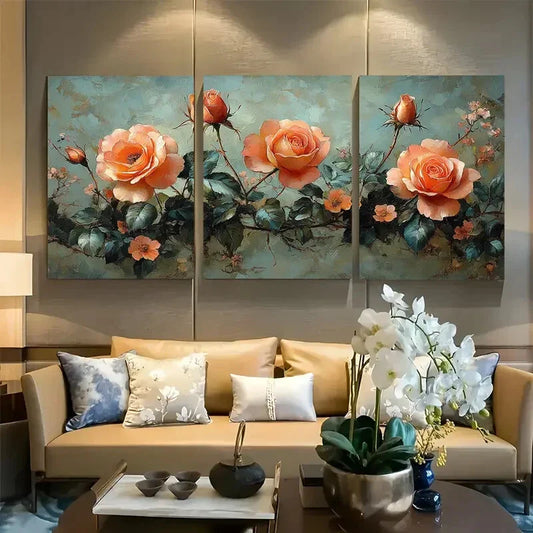 3pcs Peach and Pink Roses Cottagecore Botanical Metal Print Ready to Hang Art