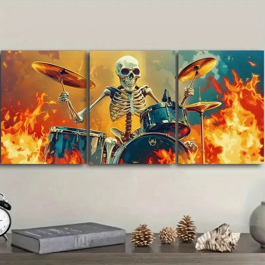 3pcs Featuring Skeletons Playing Drums, Metal Print Ready to Hang Art