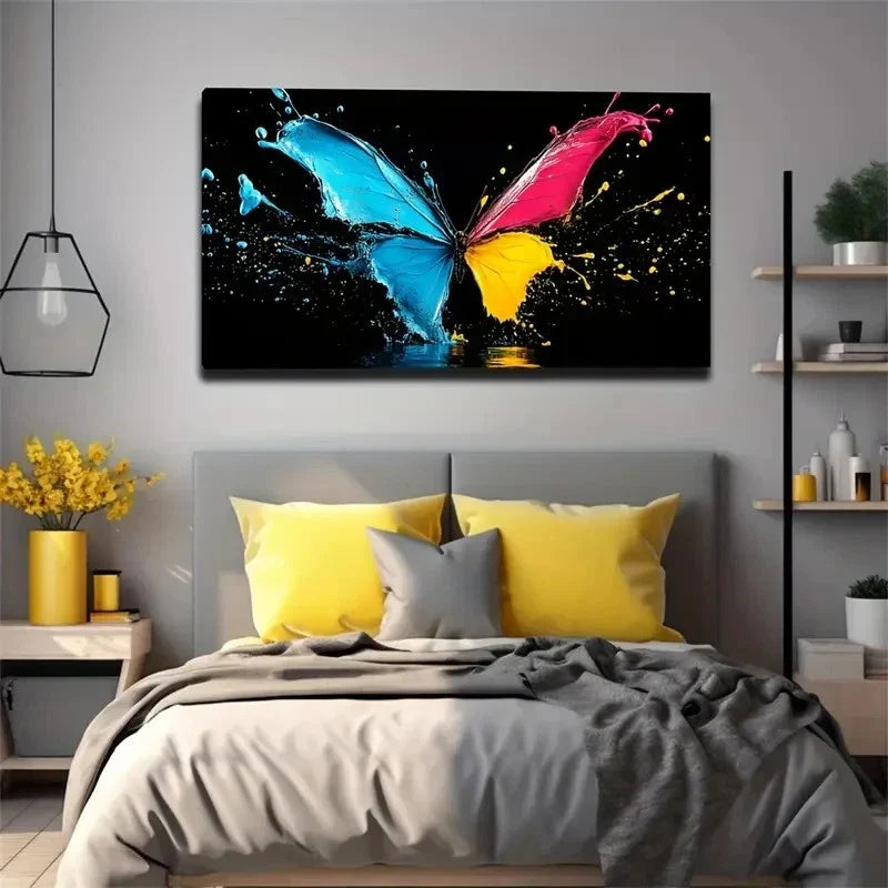 Butterfly & Ink Splatter Design Wall Art Canvas Office Home Room Framed 80x45cm