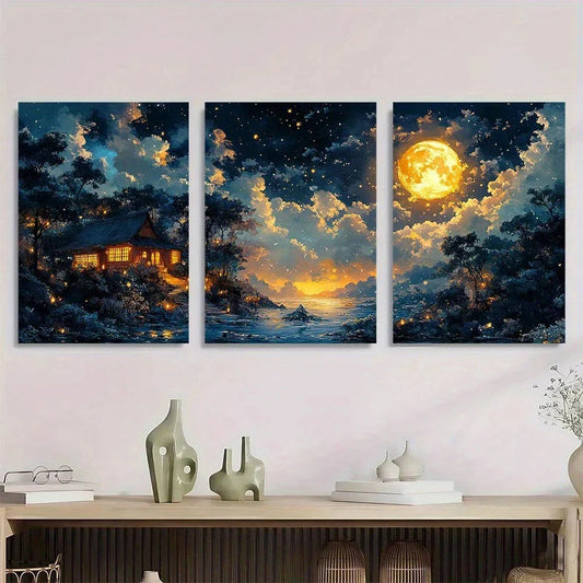 3pcs Whimsical Anime Night Scene Metal Print Ready to Hang Art