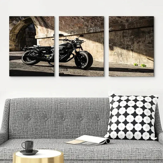 3pcs retro motorcycle art painting, Metal Print Ready to Hang Art
