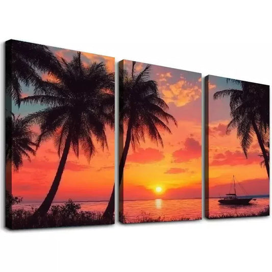 3pcs Silhouette Coconut Palm Trees on Beach Wall Art Set Canvas Framed 40x60cm - High Quality Print 100% Australian Made Wall Canvas Ready to Hang