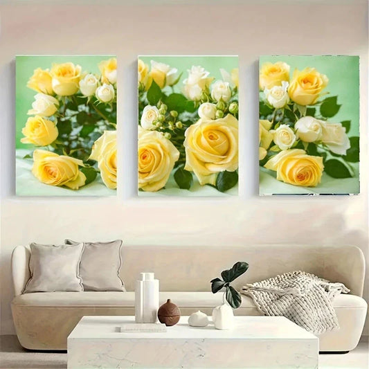 3pcs A Bouquet of Yellow And White Roses Metal Print Ready to Hang Art
