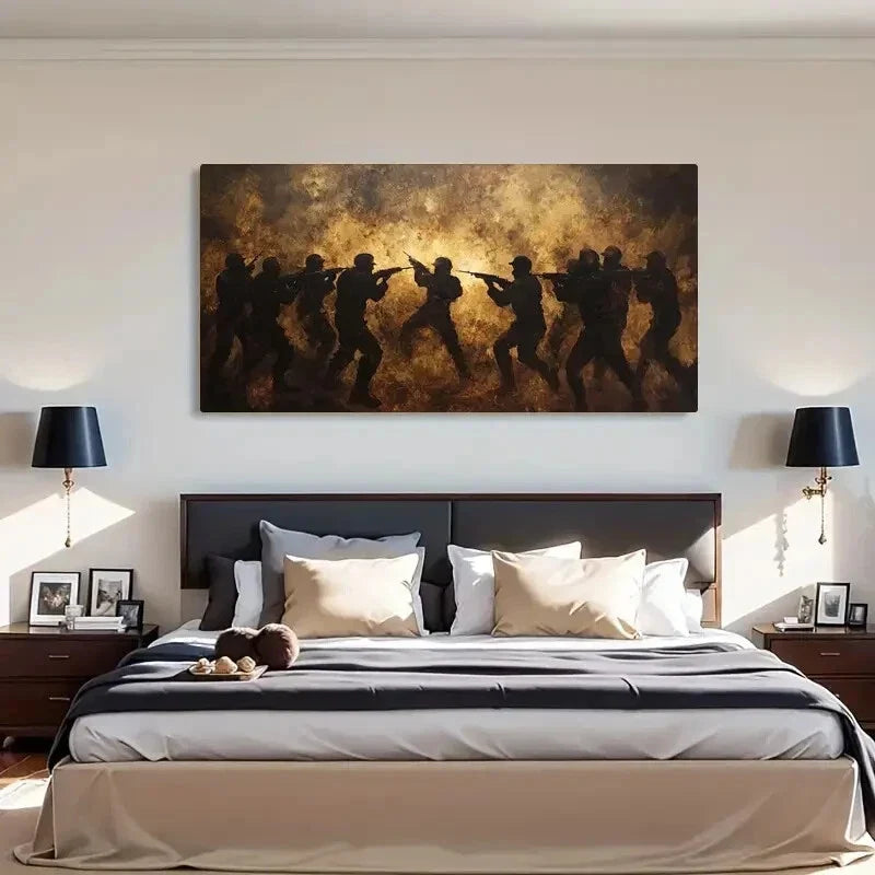 Battle Soldiers in Action Dust Wall Art Canvas Office Home Room Framed 80x45cm