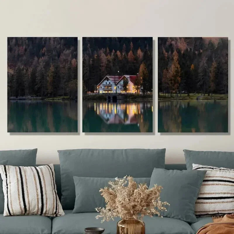 3pcs Tranquil Lakeside Villas Reflection Metal Print Ready to Hang Art