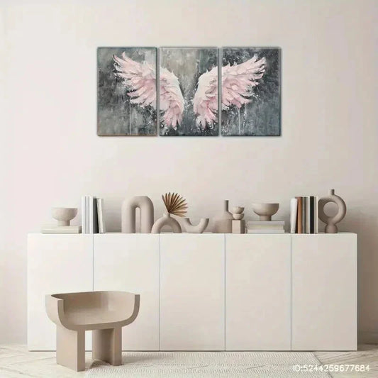 3pcs Angel Wings Pink Grey Design Abstract Metal Print Ready to Hang Art
