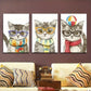 3pcs Whimsical Cat Scarves & Glasses Colorful Metal Print Ready to Hang Art