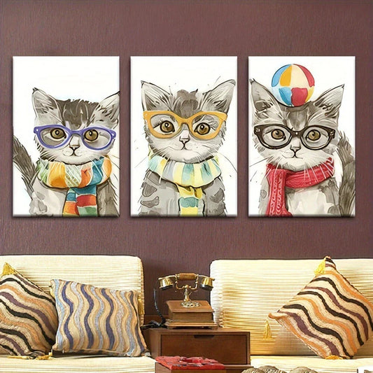 3pcs Whimsical Cat Scarves & Glasses Colorful Metal Print Ready to Hang Art