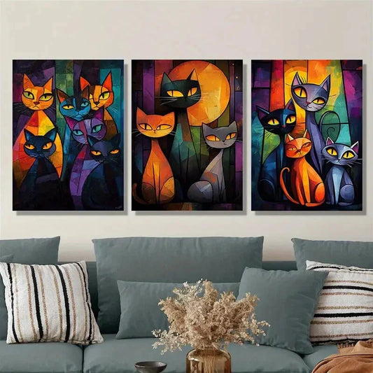 3pcs Vibrant Abstract Cat Metal Print Ready to Hang Art
