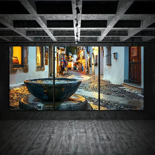3pcs White Buildings and Pebbles On The Streets Metal Print Ready to Hang Art
