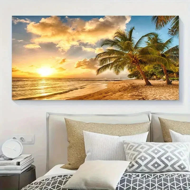 Tropical Beach Sunset With Palm Wall Art Canvas Office Home Room Framed 80x45cm