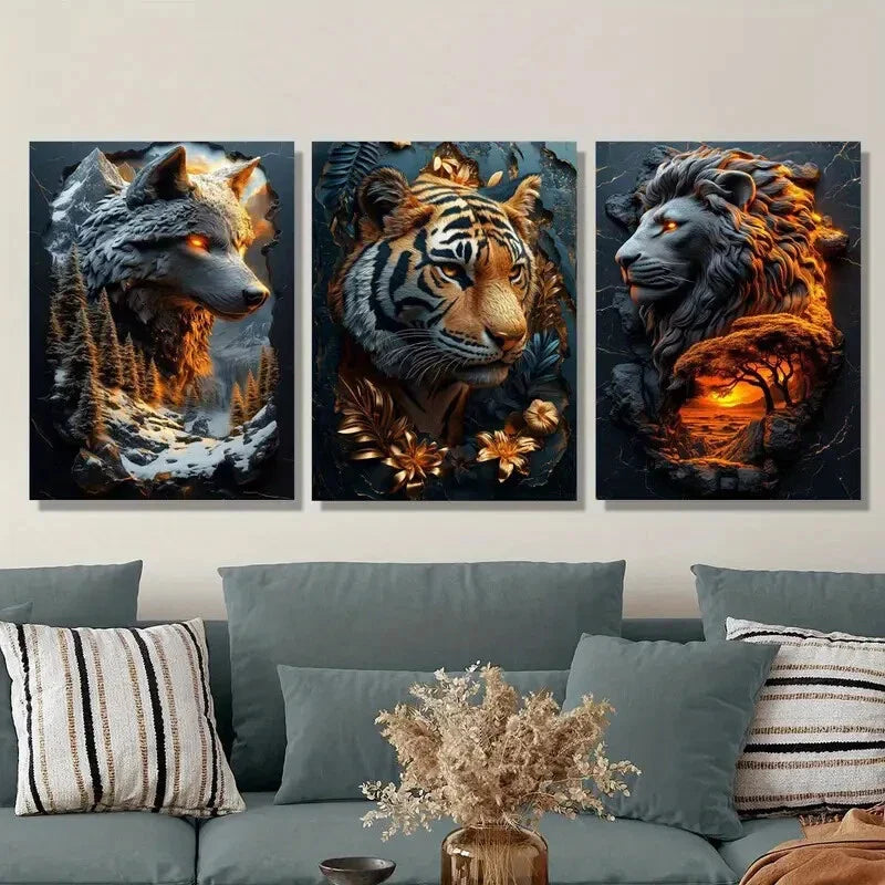 3pcs Majestic Tigers, Wolves & Lions in Forest Metal Print Ready to Hang Art