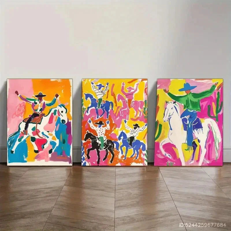 3pcs Colorful Eclectic Cowboy Mural Rodeo Rustic Metal Print Ready to Hang Art