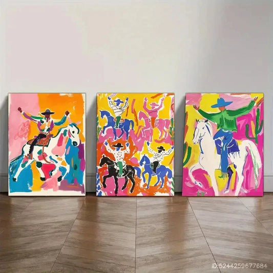 3pcs Colorful Eclectic Cowboy Mural Rodeo Rustic Metal Print Ready to Hang Art